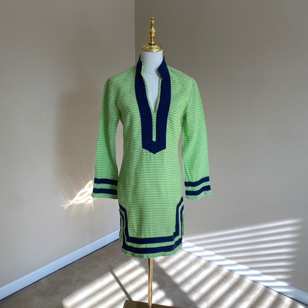 Sail to Sable 100% Linen Green with Navy Trim Tunic Size 0 Preppy & Classic